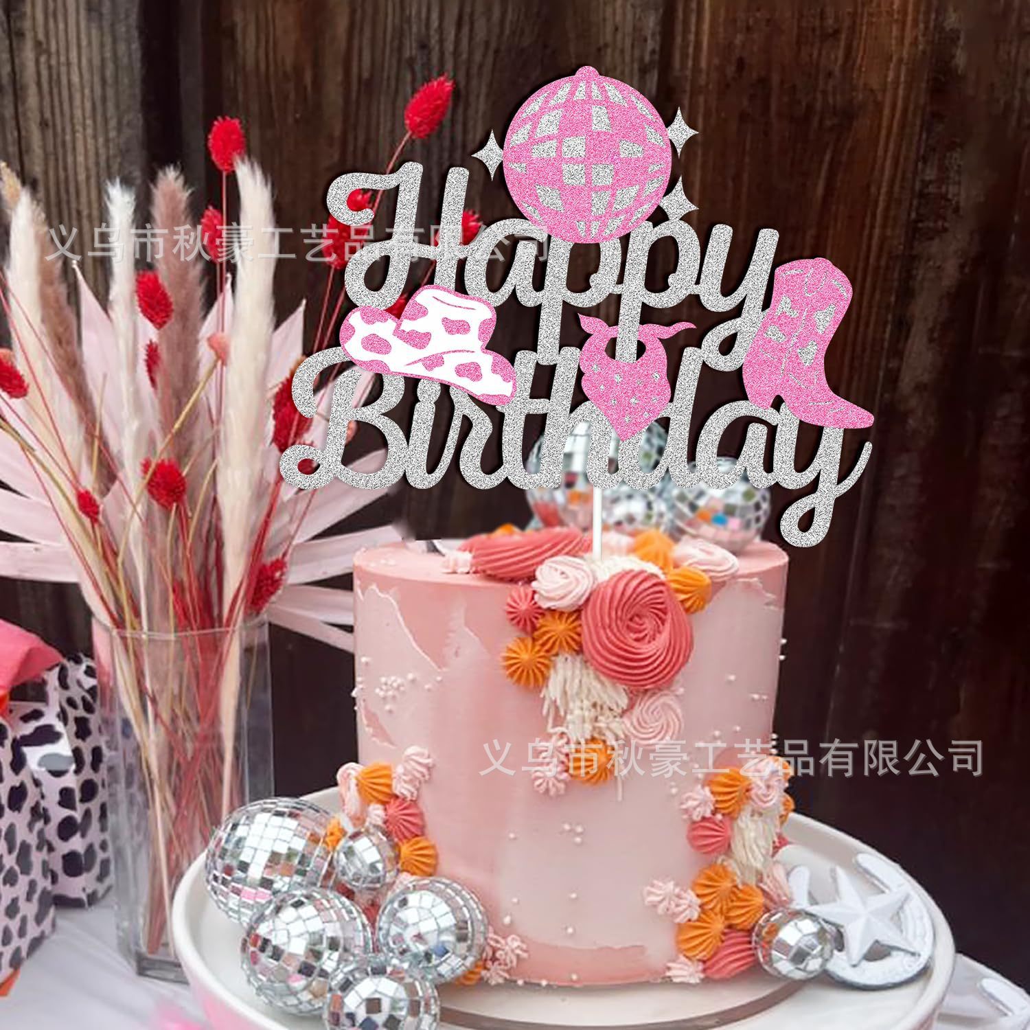 Decoración de fiesta de tarjetas de pastel feliz cumpleaños temático vaquero rosa decoración de pastel de cumpleaños 2024 ventas calientes transfronterizas