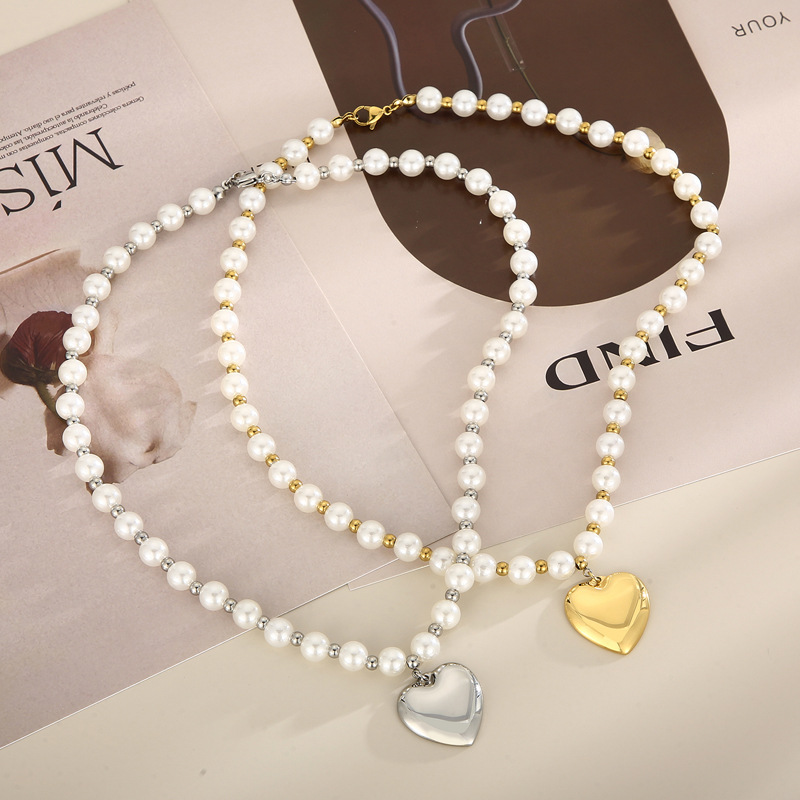 PVD Coated Gold Plating Process Fashion Heart Shape Titanium Steel Beaded Pearl Plating Bracelets Necklace