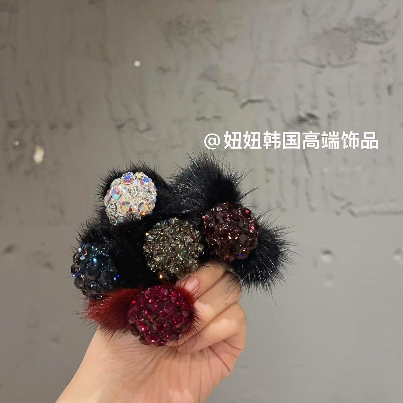 高奢腸圈韓國輕奢高貴「黑天鵝」貂貂毛施家鑽圓球腸圈發圈純手工