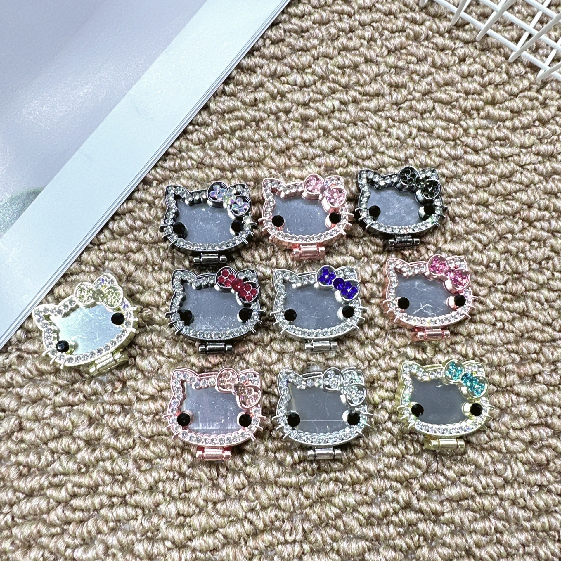 Cartoon Kitten Mirror Phone Stand Desktop Rotatable Metal Phone Ring Stand with Adhesive Folding Support Stand
