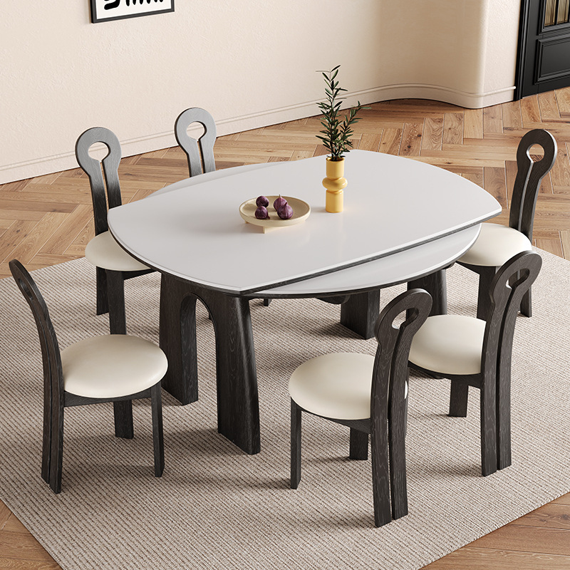 Mesa de comedor plegable de madera sólida medieval, mesa redonda de comedor tipo pequeño hogar retráctil de alta gama de tabla de roca, mesa de comedor retro y silla combinada