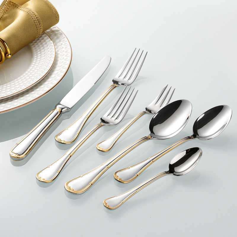 304ステンレス高級レストランホテルの局部金メッキ辺西食器精品ナイフスプーンフォークスプーン|undefined