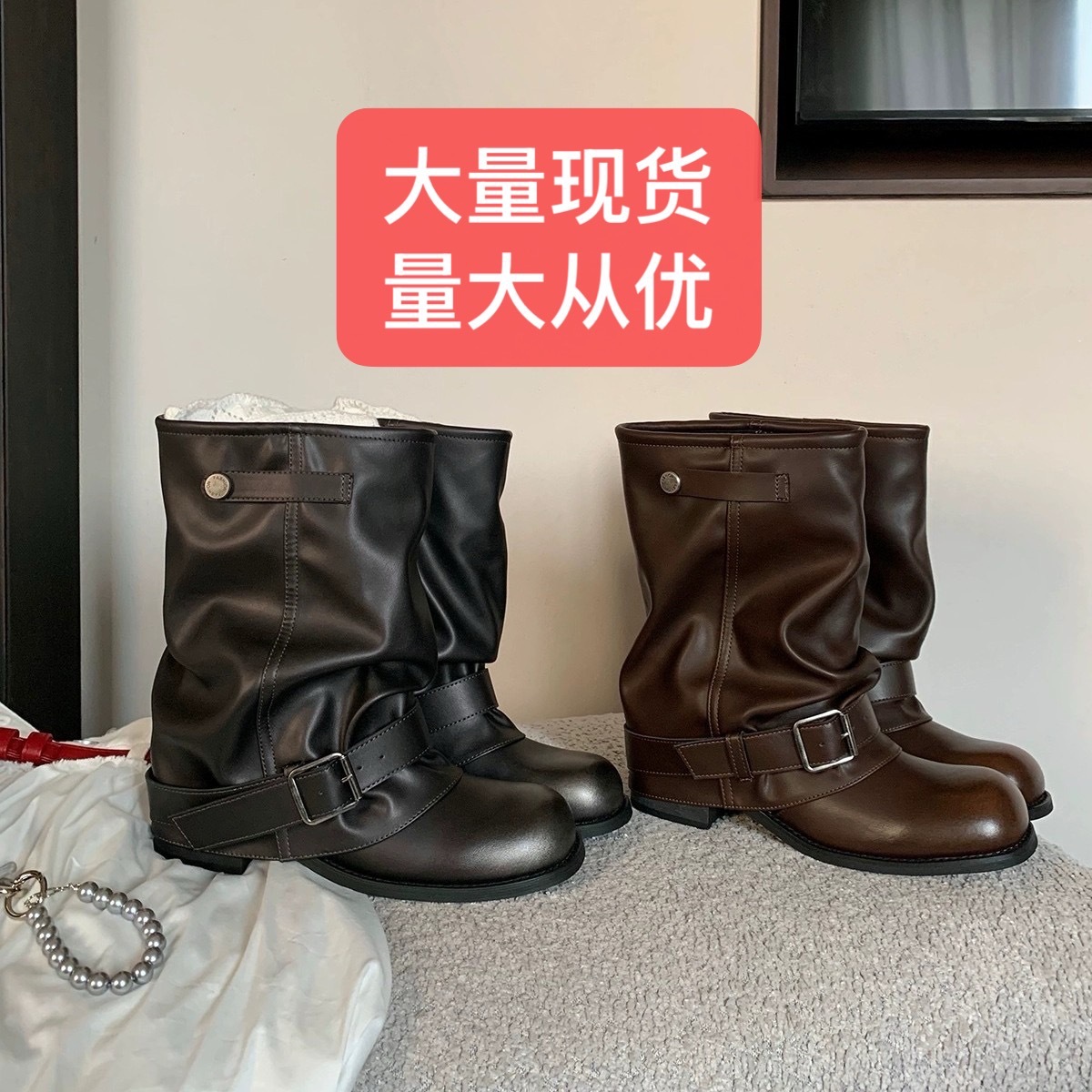 葡萄妈studiolee 辣妹裤管靴~ 时髦废土风褶皱扣带西部短靴女秋季