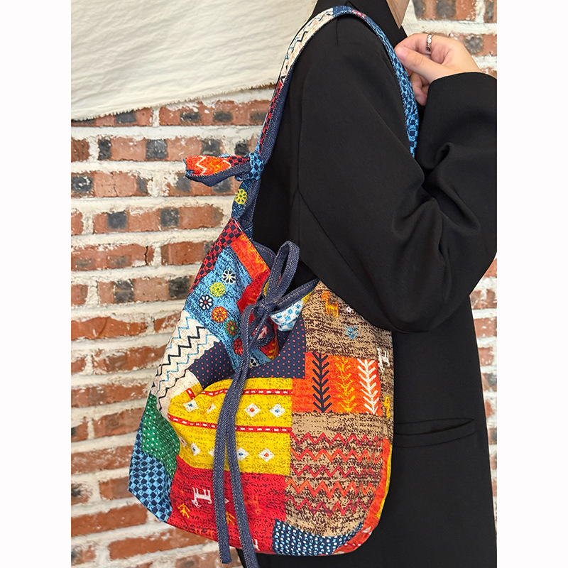 Vintage Ethnic Style Color Double-Sided Backable Canvas Bag New Bohemian Style Shoulder Bag Large Capacity Tote Bag