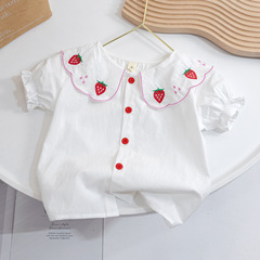 Girls Summer Strawberry Shirt Large Lapel Children's Short Sleeve Baby Girl Solid Color Doll Collar Bottoming Shirt Short Style Outerwear