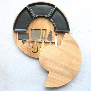 Rotating panel cheese knife box wooden box suit cheese knife box with ceramic bowl