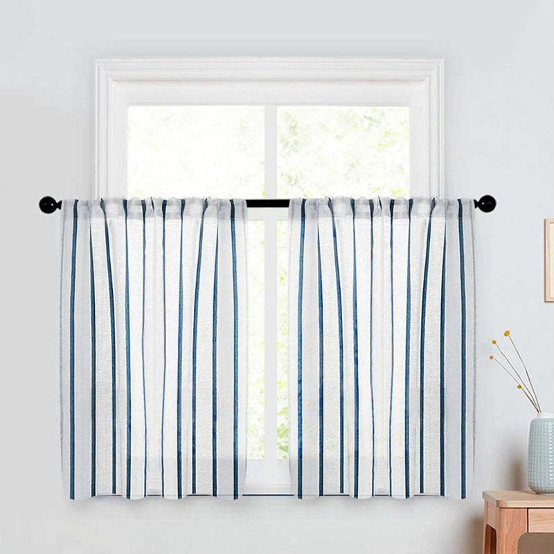 Cross-border Amazon Kitchen Curtain Short Curtain Translucent Linen Striped Curtain Window Curtain Set Finished Half Curtain Cross-border Amazon Kitchen Curtain Short Curtain Translucent Linen Striped Curtain Window Curtain Set Finished Half Curtain