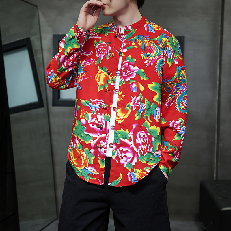 National fashion northeast big flower shirt men's red peony online popular rural festive early spring new long sleeve shirt plus size