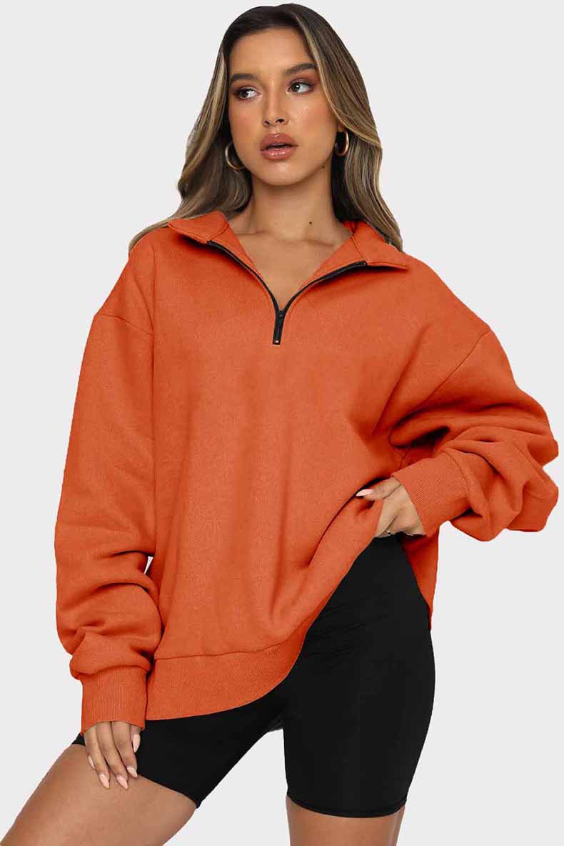 Zipper Collared Solid Color Loose Sweatshirt in Hoodies & Sweatshirts