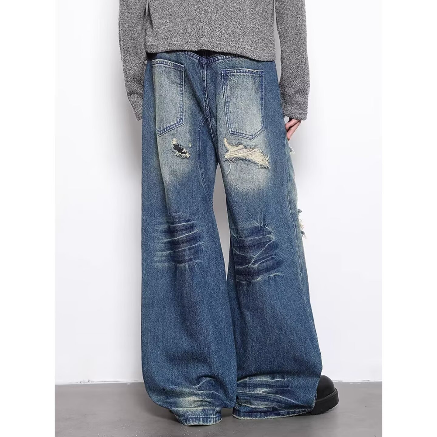 Men's High-End Retro Distressed Ripped Camouflage Patchwork Wide Leg Jeans Loose Fit Floor Length Pants_mkmklike.com