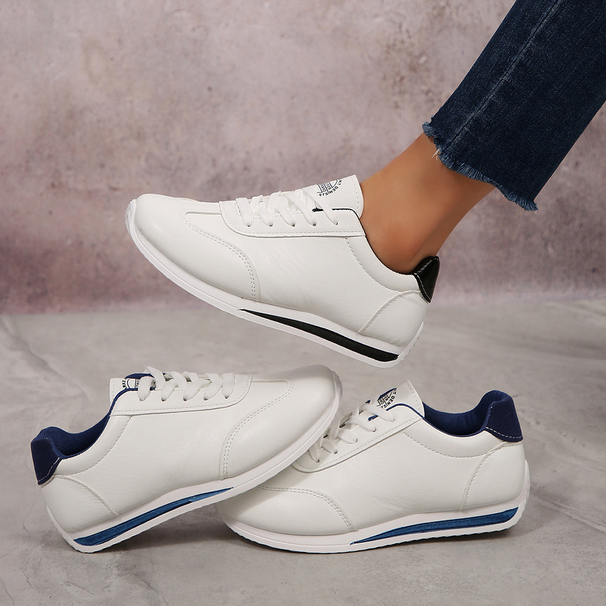 Plus Size Forrest Shoes Women's 2024 Autum New Leather Fashion Contrast Color White Shoes Lace-Up Casual Sports Shoes