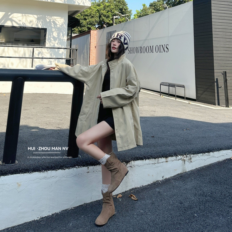 复古真皮慵懒风堆堆靴女2025秋冬新款百搭平底马丁靴勃肯西部靴子|undefined