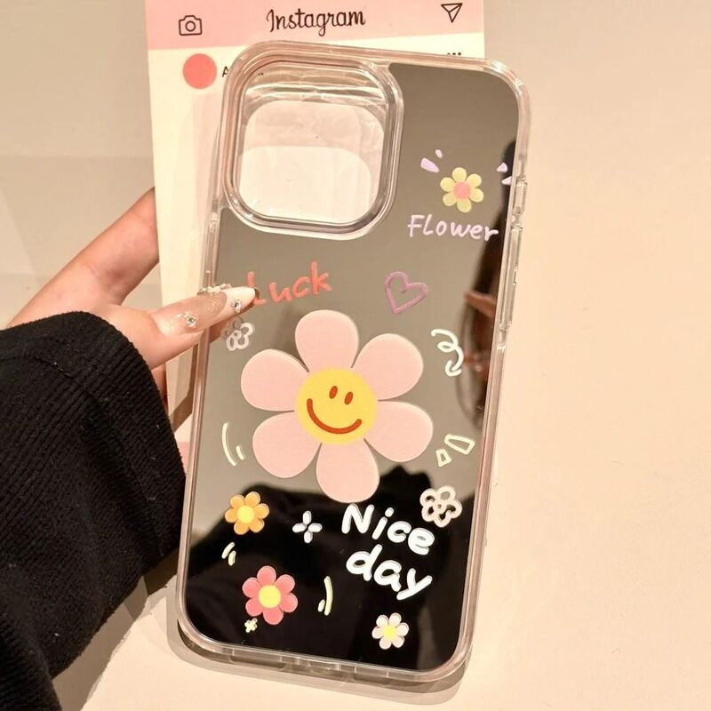 Smiley Face Flower Stand Suitable for Samsung S26Ultra Mobile Phone Protective Case S25+S23Fe Mirror Surface A57A56A55