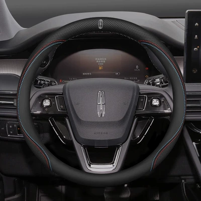 Interior Modified Ultra-Thin Handle Cover | Steering wheel cover - lincoln-round-type-two-color-line-ultra-thin-model-with-car-logo-default