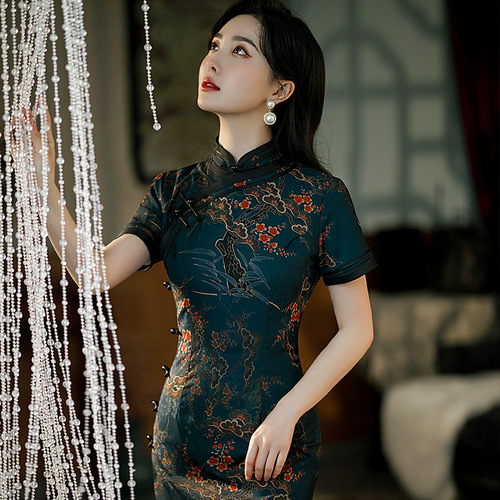 Retro Chinese Dress oriental Cheongsam for women female Chinese wind restoring ancient ways in spring and summer blue collar classical fashion qipao dress with short sleeves