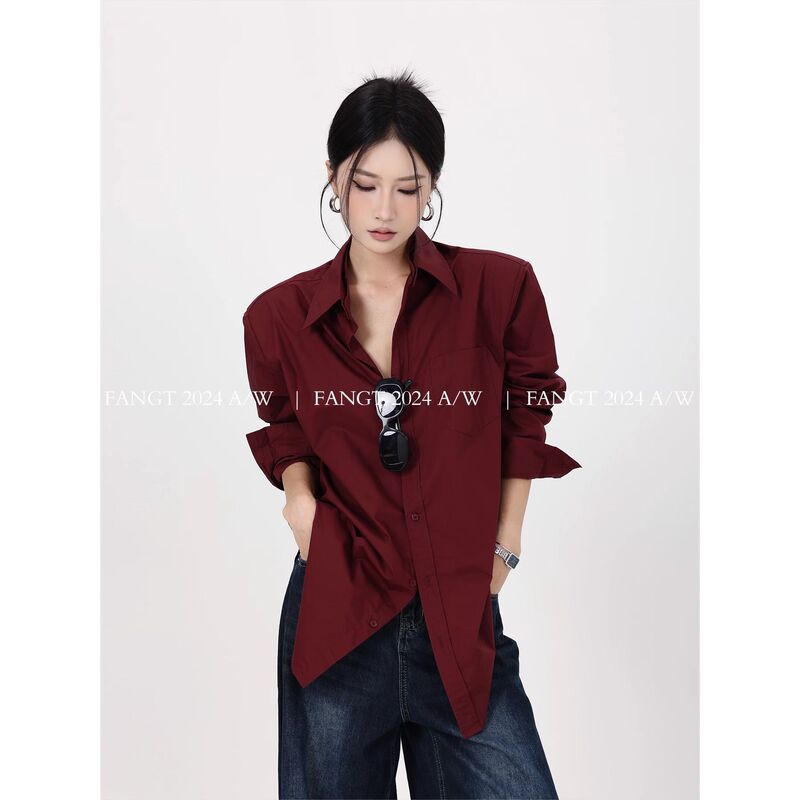 Korean Style Layered Retro Elegant Burgundy Long-Sleeved Shirt for Women Autumn and Winter New Loose Lazy Style Versatile Shirt Trend