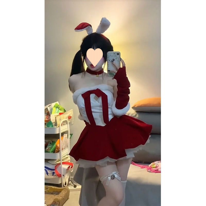 聖誕甜美秋冬蝴蝶結新款性感抹胸多巴胺連衣裙絲絨花苞短裙