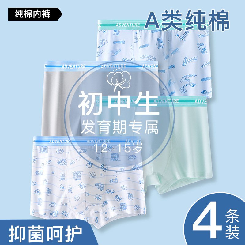 Teen Underwear Male Junior High School Student Development Period Underwear Pure Cotton Type a Cotton 10-15 Years Old Boxer Briefs
