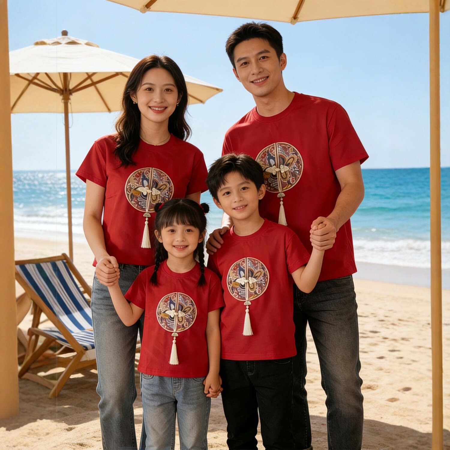 Family Matching Outfits for a Family of Four, Summer Red Chinese-Style Short-Sleeve T-Shirts, Family Photo Outfits, Trendy New Chinese-Style Tops