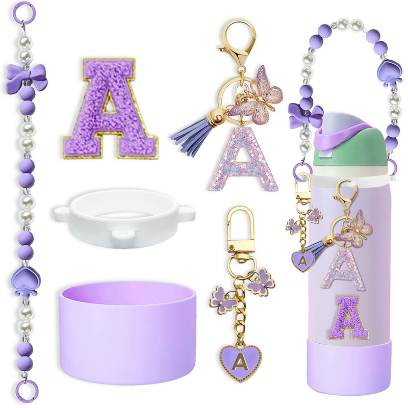 Silicone Cup Cover Owala Water Cup Cover Beaded Hand Rope Cup Ring Acrylic Letter Cloth Sticker Accessories Multi-Color Butterfly