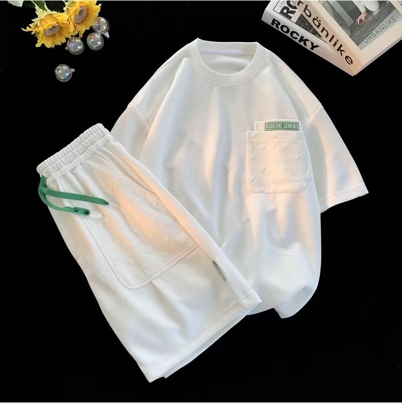 Hong Kong Style Heart Pattern Short Sleeve Shorts Set Couples_voghion.com