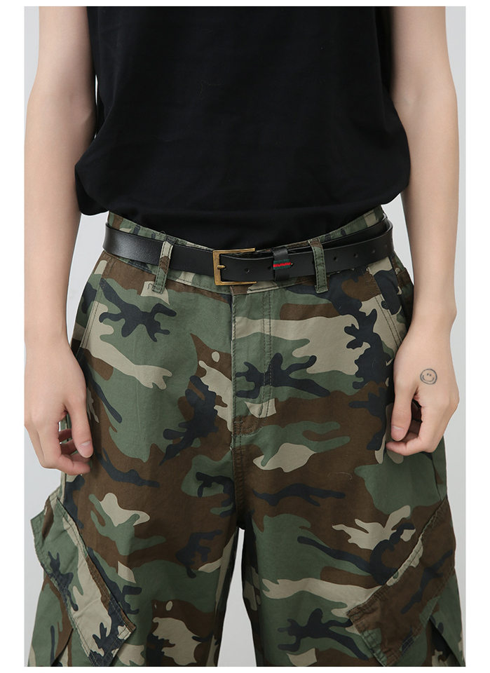 Quần short denim rằn ri nhiều túi ống rộng ống đứng — Rằn ri chi tiết 12