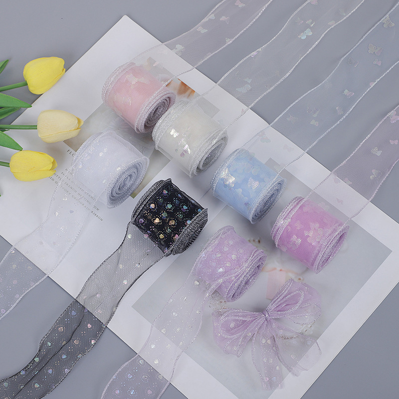 New 4cm copy silver edge mesh hot stamping butterfly love ribbon shoelaces accessories flowers packaging materials