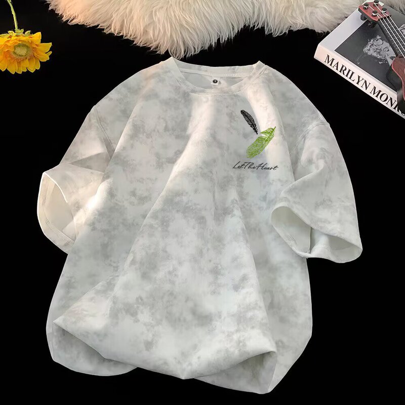 American-Style Tie-Dye Short-Sleeve T-Shirt for Men, Summer New Trendy Brand, Dirty-Style Youth Fashion, Loose Half-Sleeve Tee, Gray American-Style Tie-Dye Short-Sleeve T-Shirt for Men, Summer New Trendy Brand, Dirty-Style Youth Fashion, Loose Half-Sleeve Tee, Gray