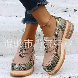 2022早春欧美外贸复古拼色雕花圆头系带粗跟女单鞋潮外贸大码女鞋