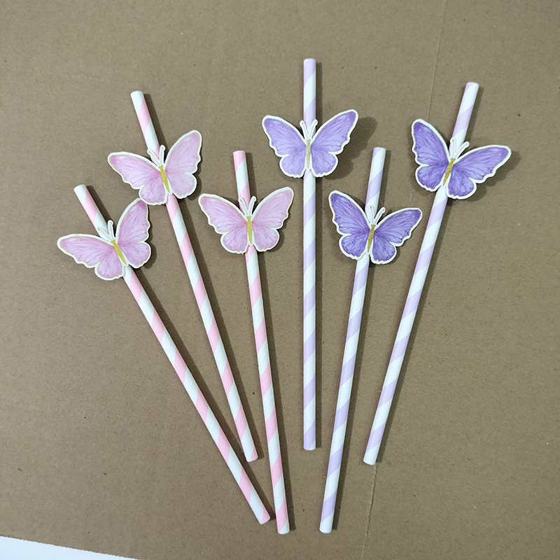 Pajita de papel de tarjeta de mariposa de punto transfronterizo Postre degradable desechable Pajita de decoración de fiesta de bar