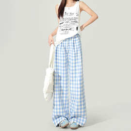 蓝色格子韩系休闲裤女2026春夏新款宽松阔腿慵懒风垂感拖地裤长裤