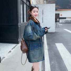 新款   店里大货复古色中长款牛仔外套p165k268