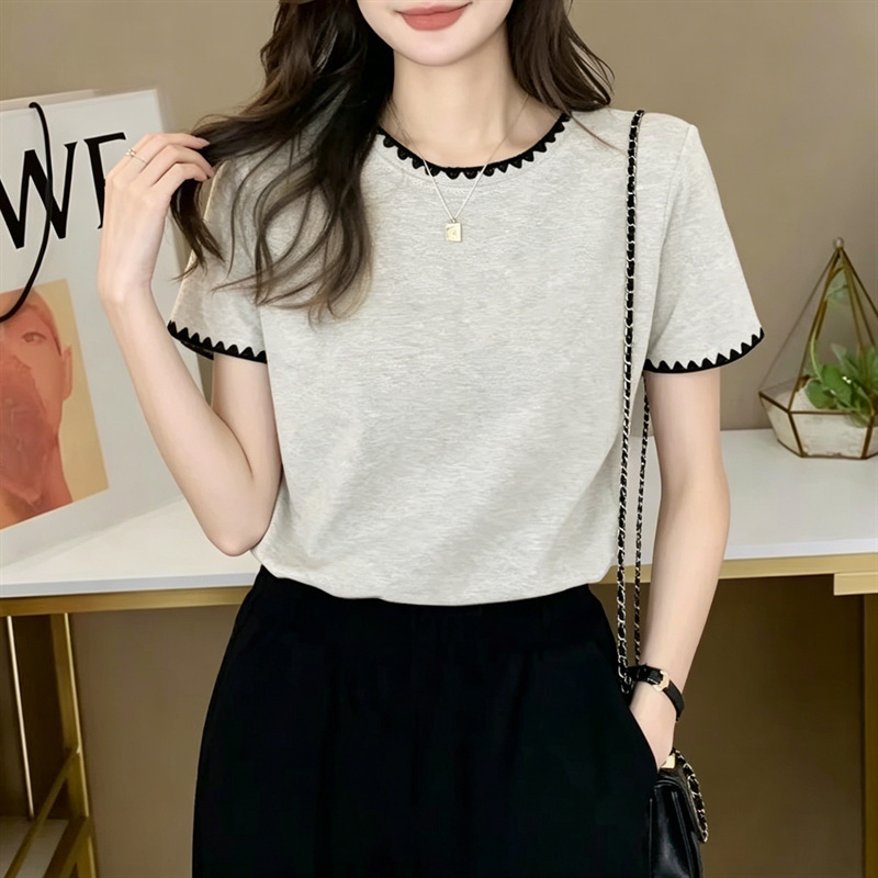 New Style Pure Cotton Short-Sleeve T-Shirt for Women, Summer Round Neck, Slimming and Age-Reducing, Color-Blocking Lace Design, Plus-Size Top for Women, Ins Style