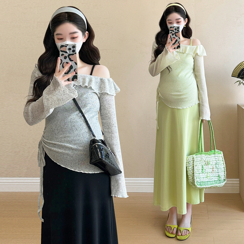 in stock 2025 Summer Pregnant Women's Skirt New Hot Mom Pure Desire Style Knitted Slip Skirt with Blouse Two-Piece suit
