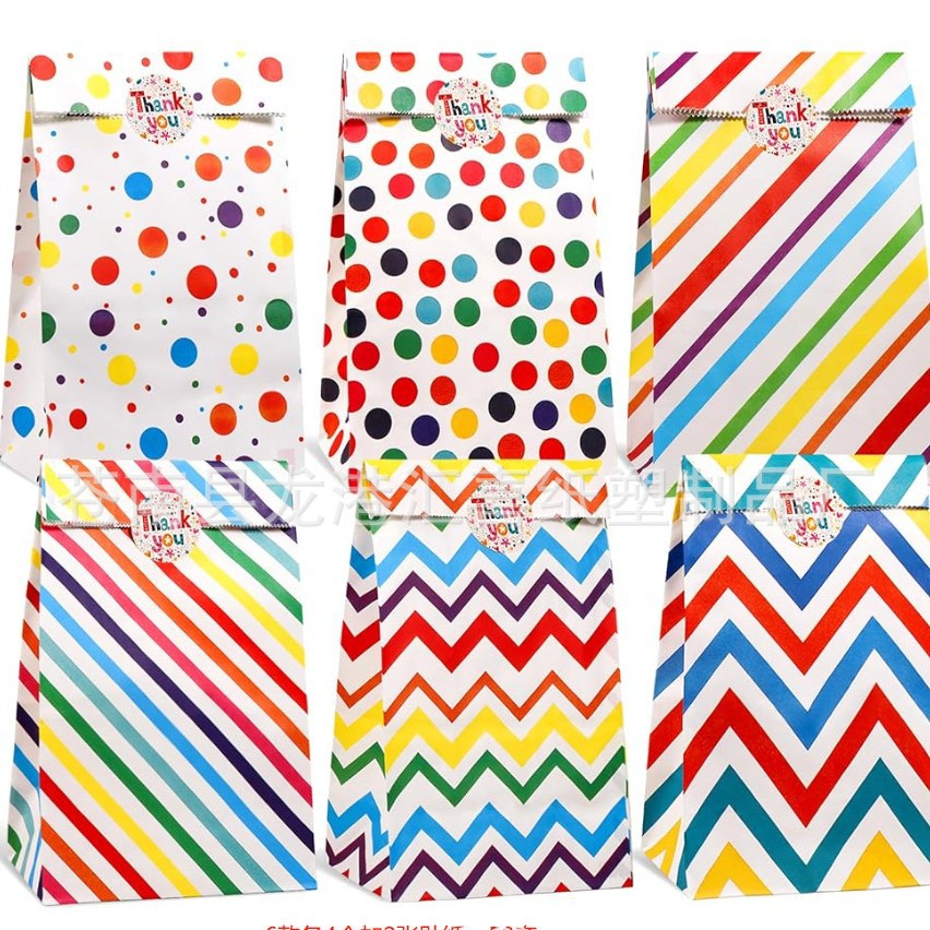 En stock al por mayor Arco Iris a rayas bolsa de dulces fiesta decoración de fiesta bolsa de regalo para hornear sin mango bolsa de papel de embalaje