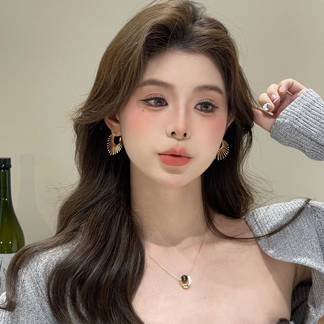81#유럽풍 레트로 해바라기 라인 골드 귀걸이/이어커프