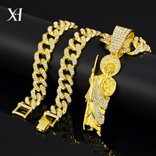 欧美跨境新款宗教人像吊坠合金满钻古巴项链个性创意嘻哈风项链