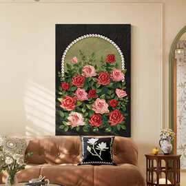 手绘油画中古风客厅装饰画玫瑰沙发背景墙壁画高级感玄关肌理挂画