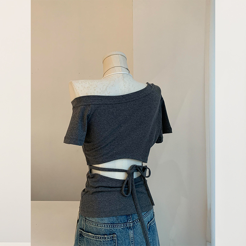 Korean Style Spicy Girl One-Shoulder Cut-Out Backless Short-Sleeve T-Shirt for Women, Summer Short Waist-Cinching Tie-Up Top for Petite Figures