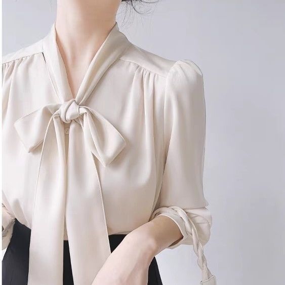 French Style Women's Bow Satin Long-sleeved Shirt Women's Spring Dress Sense Niche Commuter Professional Elegant Ribbon Top