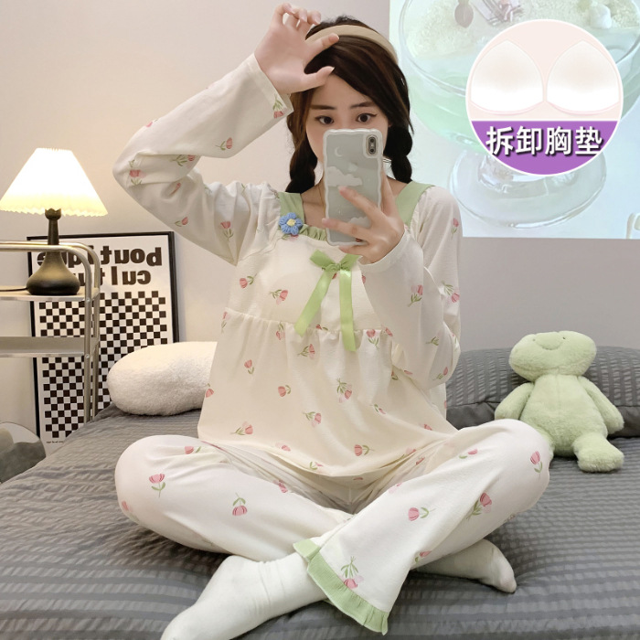 Primavera y otoño nuevo pijamas de las mujeres tejido crepe cuello cuadrado pullover pantalones manga larga con almohadilla en el pecho dulce desgaste del hogar traje