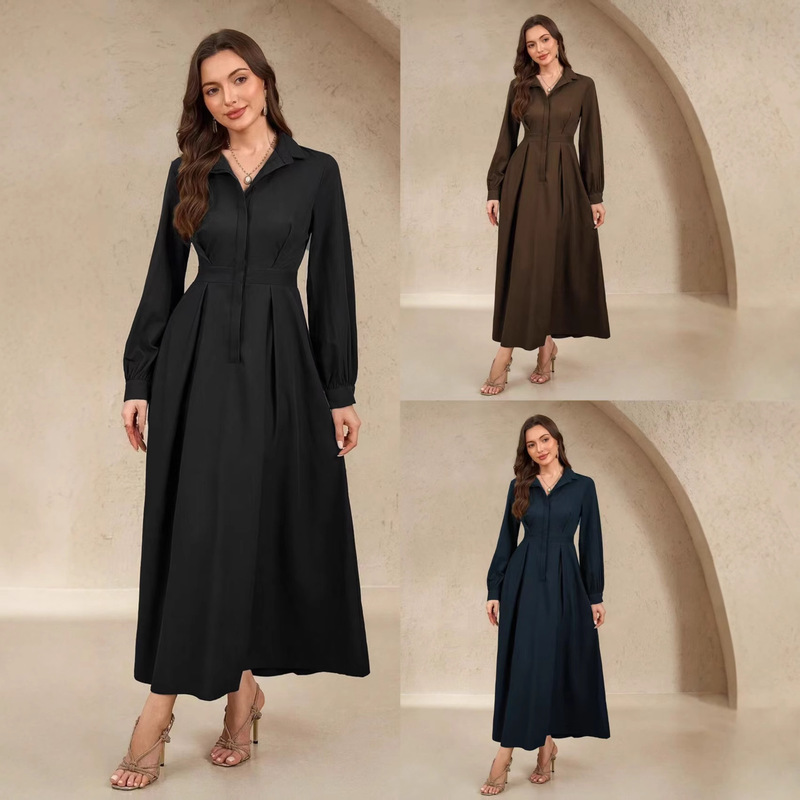 Long-Sleeved Export Fashion Elegant Long Dress Autumn and Winter Dress Long Flared Skirt Suit Dress Robe Women's Dress