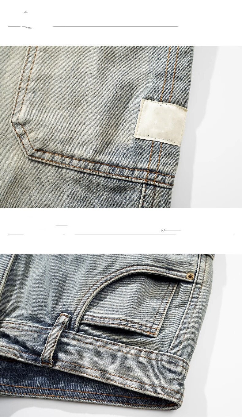 Men's Summer Thin Denim Shorts Casual Loose Fit mid Waist with Multi Pockets High-End Washed Design Trendy Five-Point Pants_mkmklike.com
