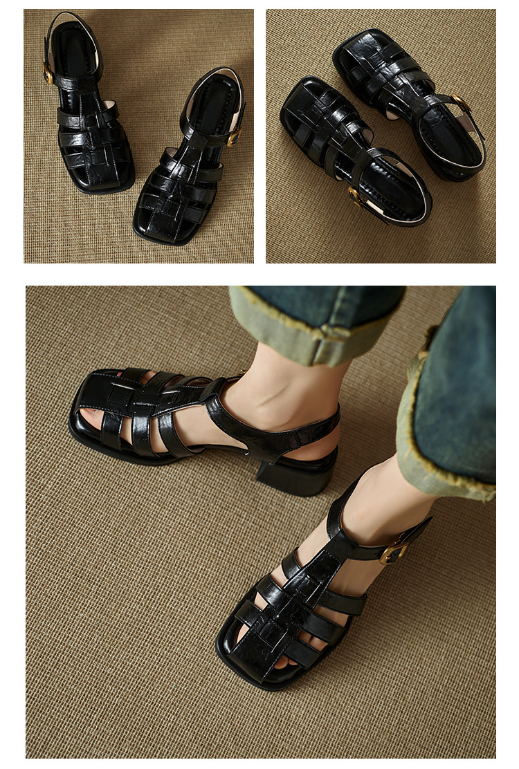 Sandal bít mũi nữ da thật kiểu Pháp cổ điển, gót trung dệt rỗng — Màu nâu, Màu đen, Màu trắng be chi tiết 18