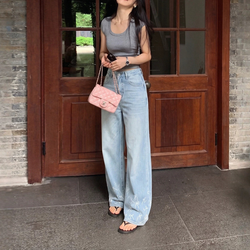 Jacquard Narrow Wide-Leg Jeans for Women, Summer 2026 New Style, High-Waisted with Bow Design, Loose Straight-Leg Pants