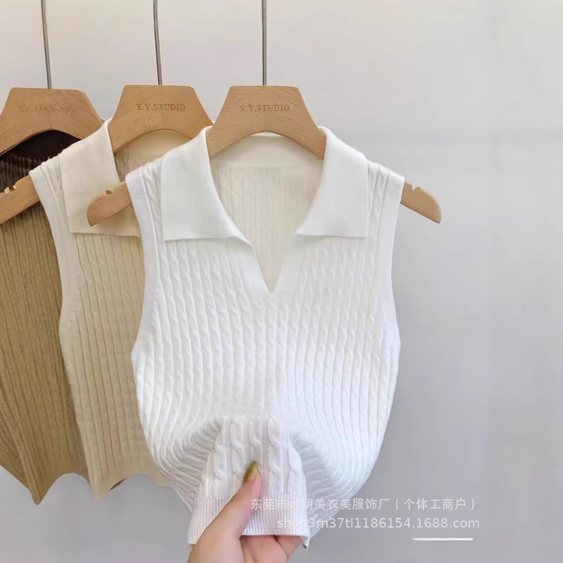 Korean Style Camisole for Women, New Sleeveless Polo Collar Knitted Sleeveless Short Top for Outerwear Korean Style Camisole for Women, New Sleeveless Polo Collar Knitted Sleeveless Short Top for Outerwear