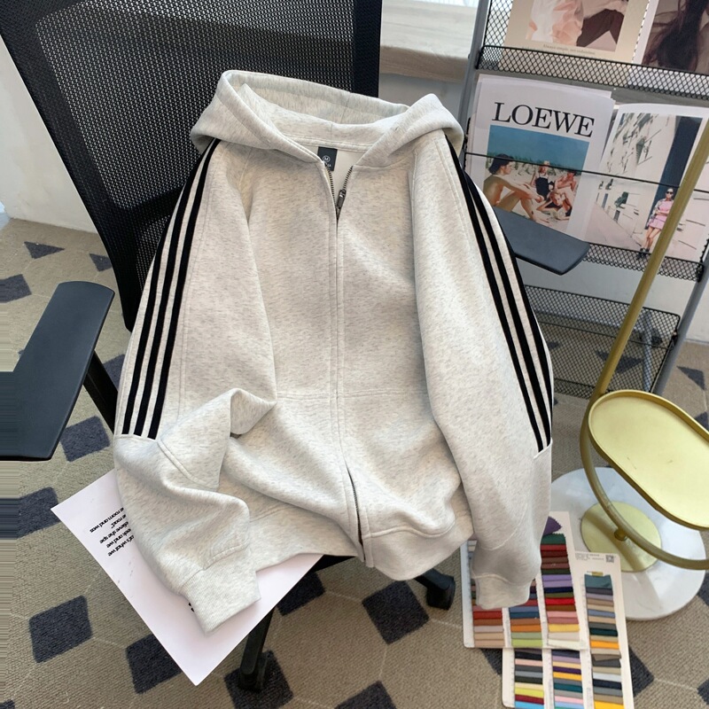 Spring and Autumn Floral Gray Three-Stripe Hooded Sweatshirt for Men, Heavy American Retro Oversized Striped Cardigan Jacket