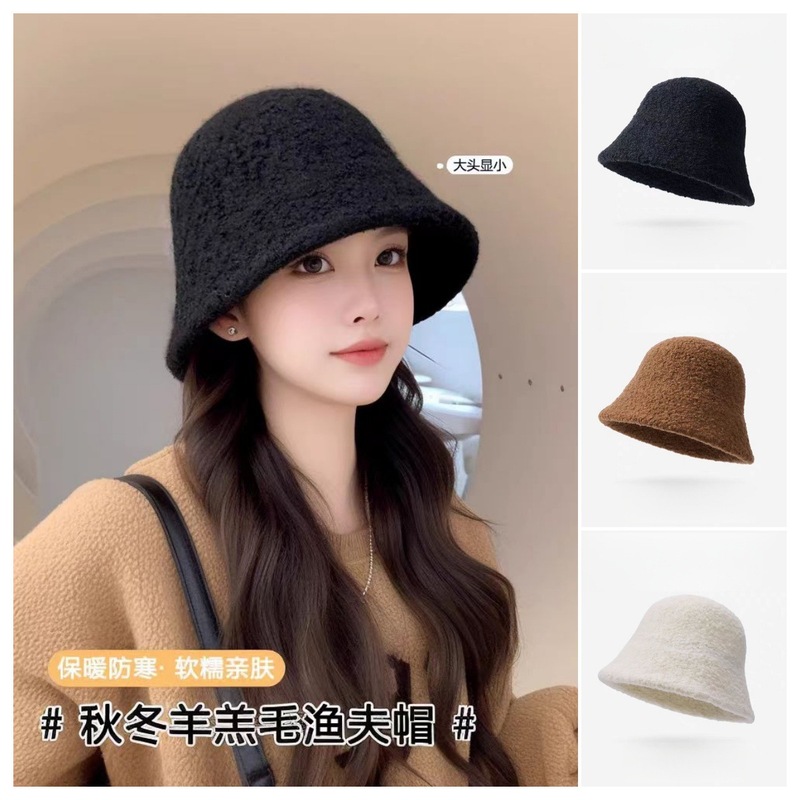 帽子女秋冬季羊羔毛渔夫帽黑色素颜显脸小水桶帽大脸保暖毛绒盆帽|undefined