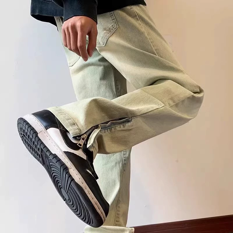 Американские желтые грязевые джинсы High Street Vibe, мужские дизайнерские потертые прямые повседневные брюки с разрезом на молнии