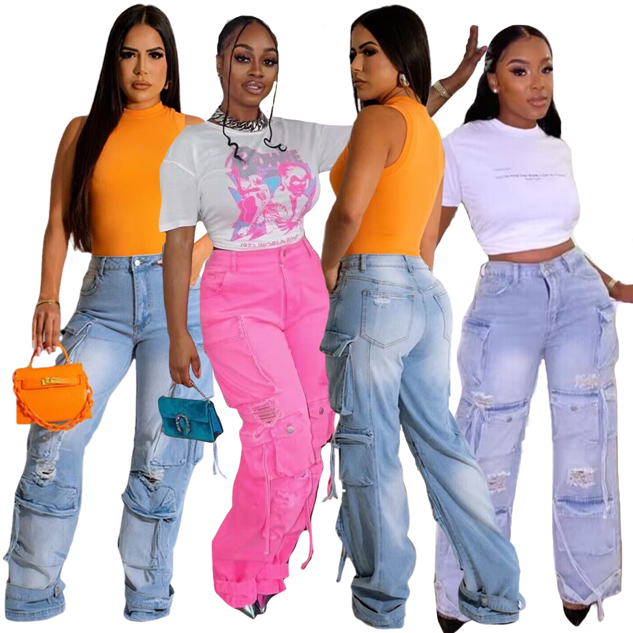 875g Weight Full Length Pants Length Polyester, Denim Cotton Fabric Type Low Waist Waist Line Jeans Pants Type Women's Daily Simple Style Solid Color Full Length Pocket Ripped Jeans